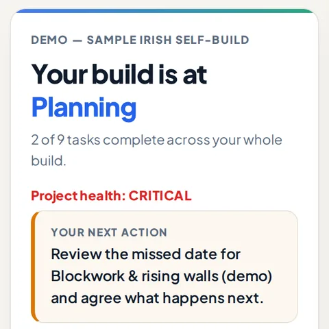 PlotPacer on a phone showing the current build stage and the next action to take